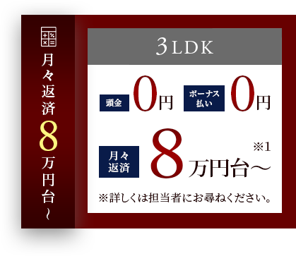 3LDK頭金0円 月々返済8万円台～※1 ※詳しくは担当者にお尋ねください。